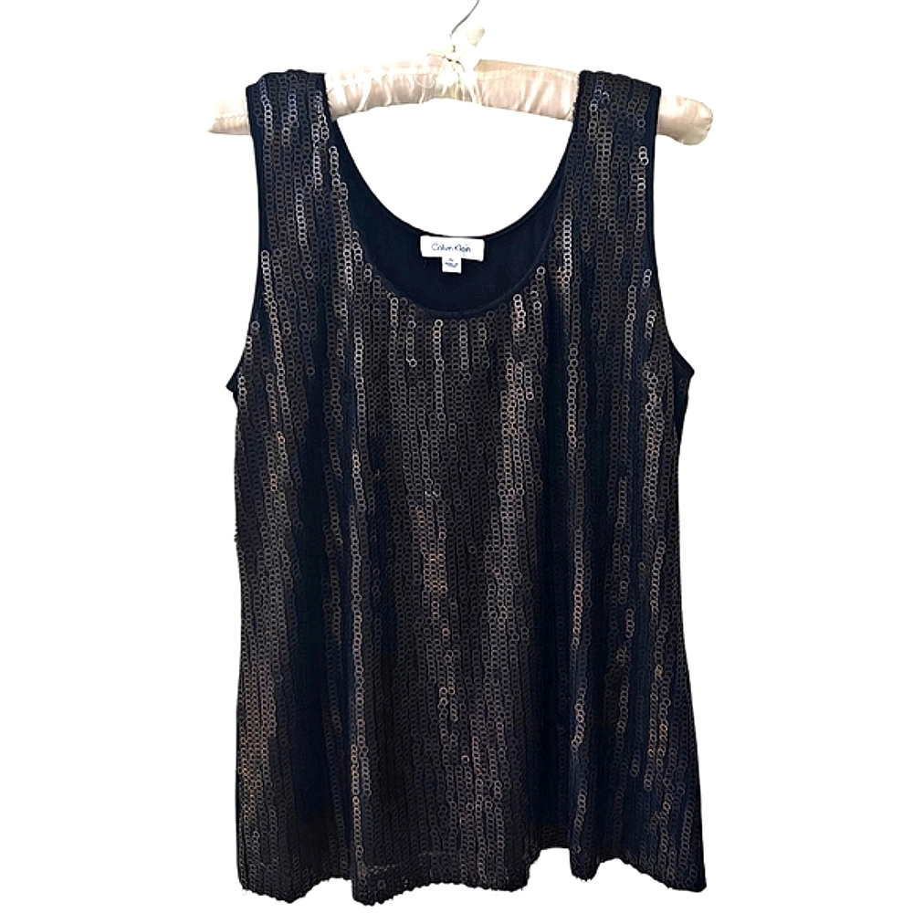 Calvin Klein Black Sequined Tank Top With Scoop Neckline | Size XL